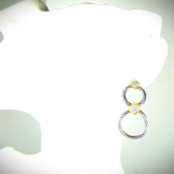 ALOR 18K Gold Stainless Steel Classique Diamond Pave Double Hoop Drop Earrings - Picture 9 of 10